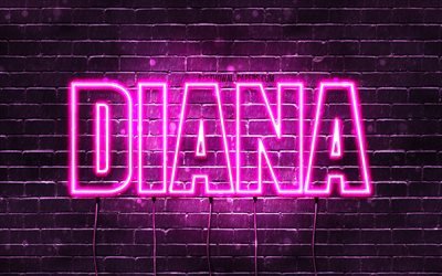 Diana, 4k, Diana isim isim, kadın adları, Diana adı, mor neon ışıkları, yatay metin, resim ile duvar kağıtları