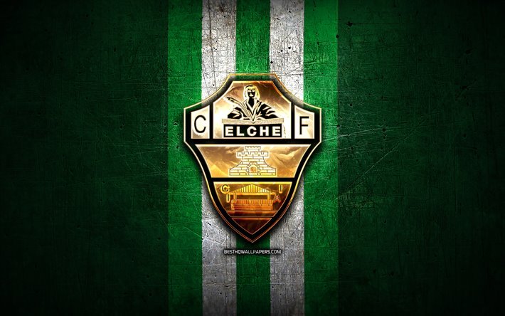 Elche FC, golden logo, La Liga 2, green metal background, football, Elche CF, spanish football club, Elche logo, soccer, LaLiga 2, Spain