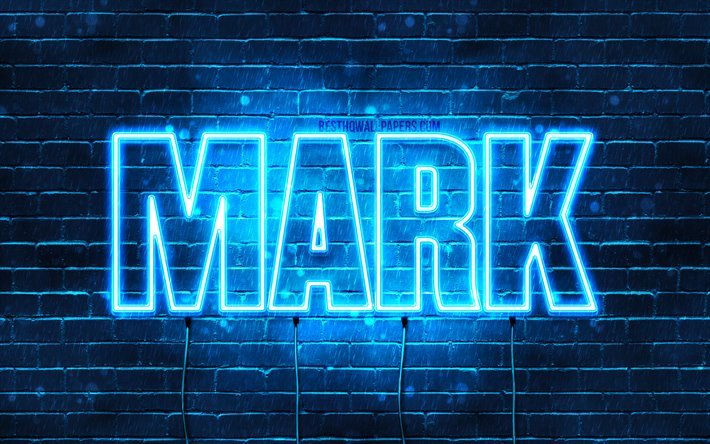 mark, 4k, tapeten, die mit namen, horizontaler text, markieren sie den namen, blue neon lights, bild mit mark-namen