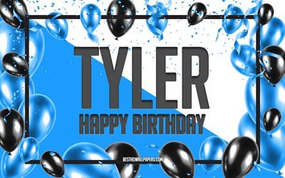 Feliz Cumplea&#241;os de Tyler, Globos de Cumplea&#241;os de Fondo, Tyler, fondos de pantalla con los nombres, Tyler Feliz Cumplea&#241;os, Globos Azules Cumplea&#241;os de Fondo, tarjeta de felicitaci&#243;n, Cumplea&#241;os de Tyler