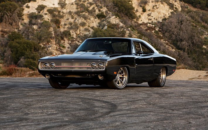 1970, Dodge Charger, Tantrum, black coupe, front view, retro cars, american cars, Dodge