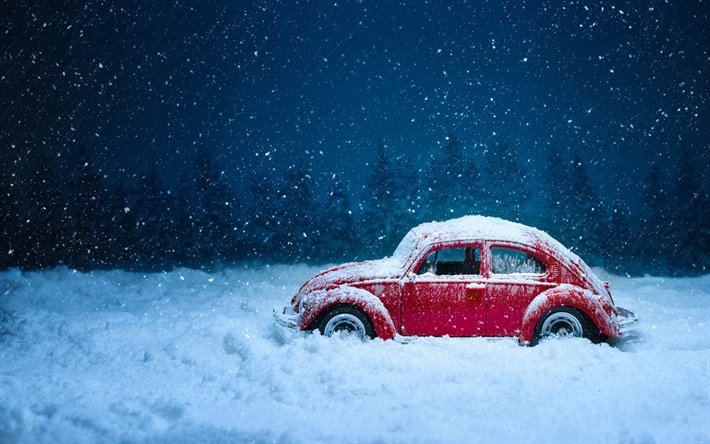 4k, carro em neve, inverno, neve, noite, preso carro, Volkswagen Beetle Vermelho