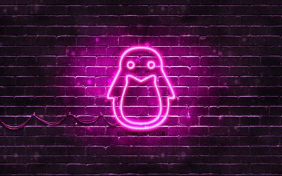 linux-purple-logo, 4k, lila brickwall -, linux-logo, kreativ, linux neon logo, linux