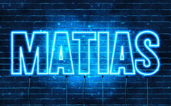 Matias, 4k, taustakuvia nimet, vaakasuuntainen teksti, Matias nimi, blue neon valot, kuva Matias nimi
