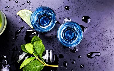 4k, Laguna Blu, Cocktail, due bicchieri, cocktail, bicchiere con la bevanda, Vetro con Laguna Blu