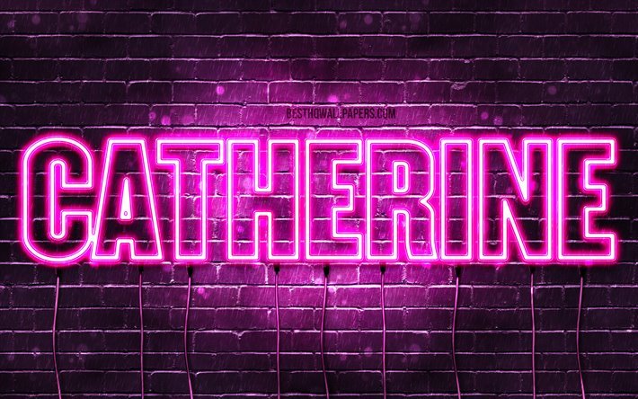 Catherine, 4k, isimleri, Bayan isimleri, Catherine adı, mor neon ışıkları Catherine adı ile, yatay metin, resim ile duvar kağıtları