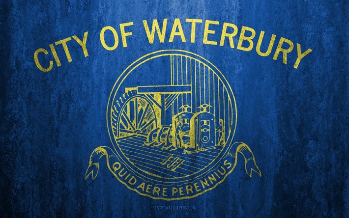 旗のWaterbury, コネチカット, 4k, 石背景, アメリカの市, グランジフラグ, Waterbury, 米国, Waterburyフラグ, グランジア, 石質感, 旗のアメリカの都市
