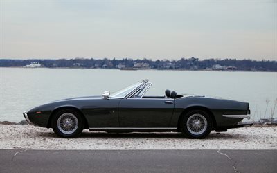 Maserati Ghibli Spyder, 1969, yan g&#246;r&#252;n&#252;m, retro araba, siyah Cabrio, İtalyan retro otomobil, Maserati