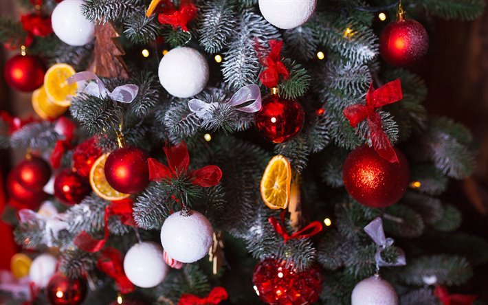 الملونة كرات عيد الميلاد, 4k, شجرة عيد الميلاد, زينة عيد الميلاد, السنة الجديدة