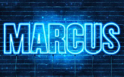 Marcus, 4k, wallpapers with names, horizontal text, Marcus name, blue neon lights, picture with Marcus name