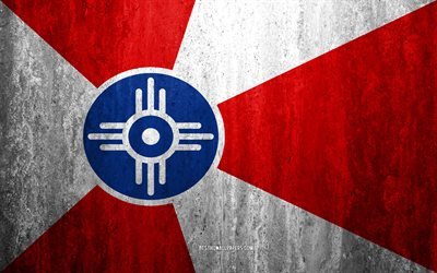 Amerikan şehirlerinin Wichita, Kansas bayrağı, 4k, taş, arka plan, Amerikan şehir, grunge bayrak, Wichita, ABD, Wichita bayrak, grunge, sanat, taş doku, bayraklar