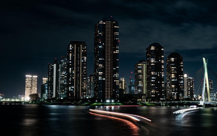 Tokyo, la nuit, gratte-ciel, b&#226;timents modernes, de soir&#233;e, de Tokyo, paysage urbain, m&#233;tropole, Japon