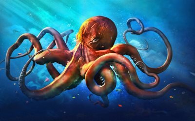 cartoon octopus, underwater world, sea, 3D art, octopus, cartoon characters