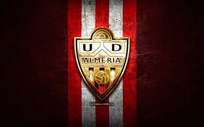 Almeria FC, golden logo, La Liga 2, red metal background, football, UD Almeria, spanish football club, Almeria logo, soccer, LaLiga 2, Spain