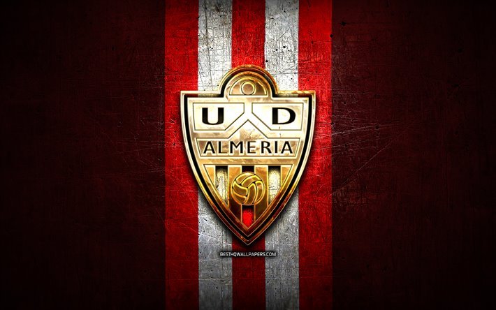 Almeria FC, golden logo, La Liga 2, red metal background, football, UD Almeria, spanish football club, Almeria logo, soccer, LaLiga 2, Spain