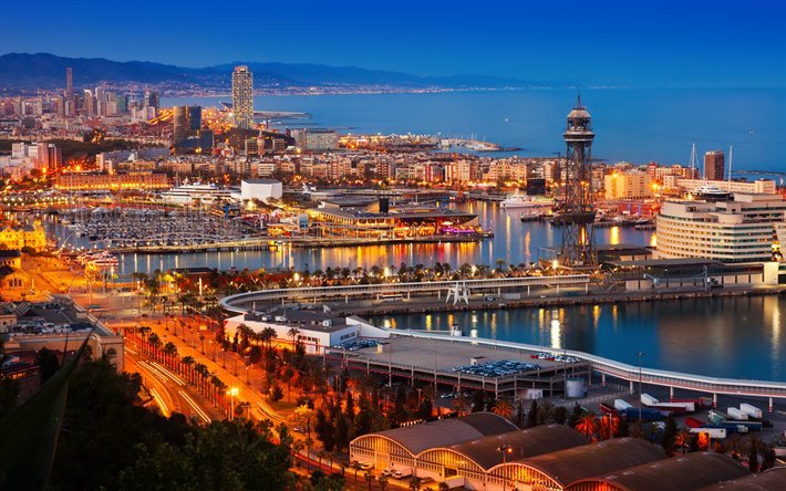 Barcellona, Catalogna, la sera, la citt&#224;, le luci delle citt&#224;, mare, Spagna
