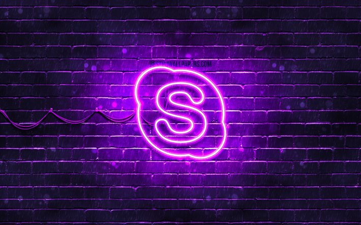 skype-violett-logo, 4k, violett brickwall -, skype-logo, marken -, skype-neon-logo, skype