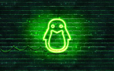 Linuxグリーン-シンボルマーク, 4k, 緑brickwall, Linuxロゴ, 創造, Linuxのネオンのロゴ, Linux