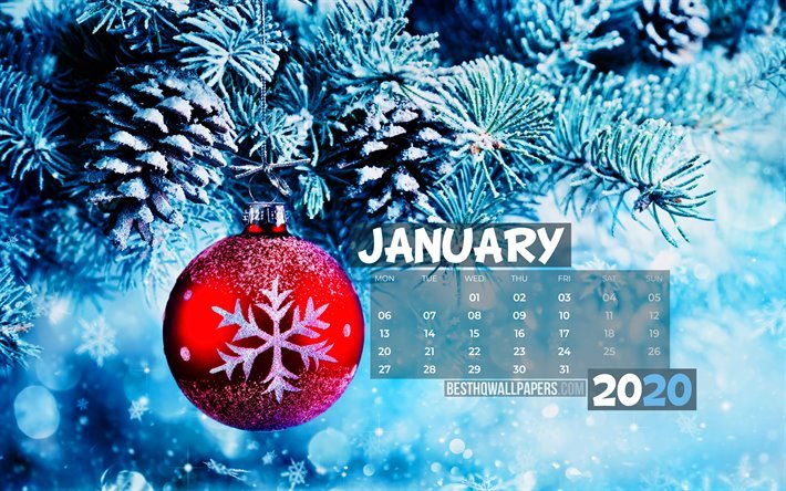 Janvier 2020 Calendrier, 4k, rouge, boule de no&#235;l, 2020 calendrier, arbre de no&#235;l, janvier 2020, cr&#233;atif, janvier 2020 calendrier avec boule de no&#235;l, Calendrier janvier 2020, fond bleu, 2020 calendriers