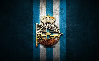 Deportivo La Coruna FC, golden logo, La Liga 2, blue metal background, football, RC Deportivo La Coruna, spanish football club, Deportivo La Coruna logo, soccer, LaLiga 2, Spain