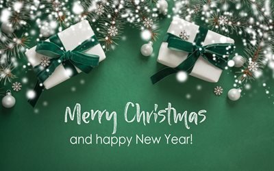 Merry Christmas, Green christmas background, gifts boxes, green background, Happy New Year, White christmas balls