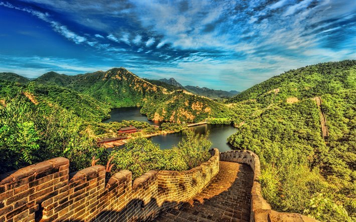 Kinesiska Muren, HDR, Kinesiska landm&#228;rken, sommar, Kina, vacker natur, Asien