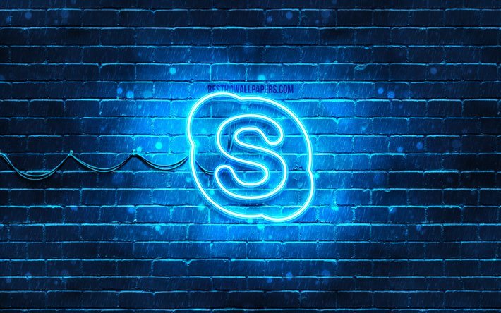 Skypeの青色のロゴ, 4k, 青brickwall, Skypeのロゴ, ブランド, Skypeのネオンのロゴ, Skype