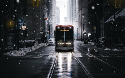 New York, winter, tram, snow, skyscrapers, New York cityscape, USA