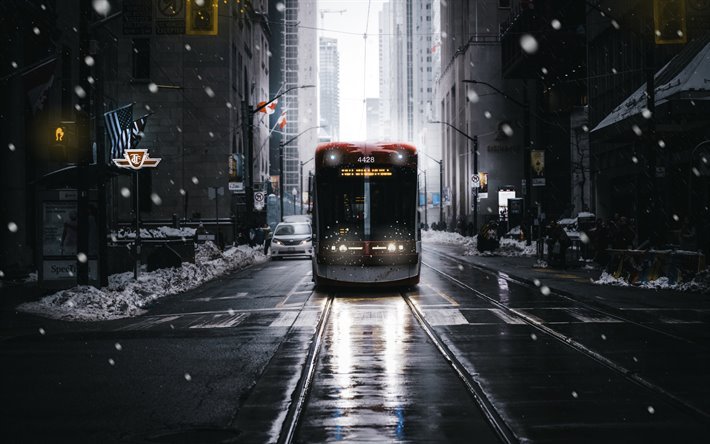 New York, inverno, tram, neve, grattacieli, USA