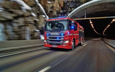 Scania P360, 4k, de bomberos, de 2019 camiones, LKW, de la serie P, transporte de carga, 2019 Scania P360, motor de agua, camiones, Scania