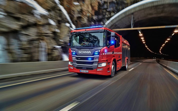 Scania P360, 4k, fire engine, 2019 trucks, LKW, P-series, cargo transport, 2019 Scania P360, water engine, trucks, Scania