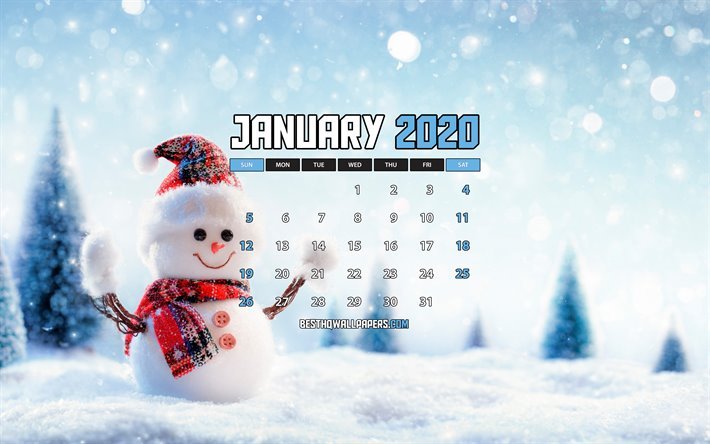 4k, January 2020 Calendar, snowfall, snowman, 2020 calendar, January 2020, creative, winter landscape, January 2020 calendar with snowman, winter, Calendar January 2020, blue background, 2020 calendars