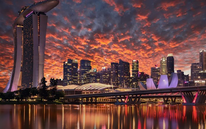 Singapur, 4k, puesta de sol, el Marina Bay Sands, rascacielos, edificios modernos, Asia, Singapur 4K