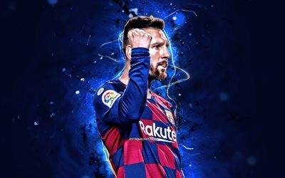 Lionel Messi, goal, Barcelona FC, argentinian footballers, close-up, FCB, football stars, La Liga, Messi, 2019, Leo Messi, LaLiga, Spain, neon lights, Barca, soccer