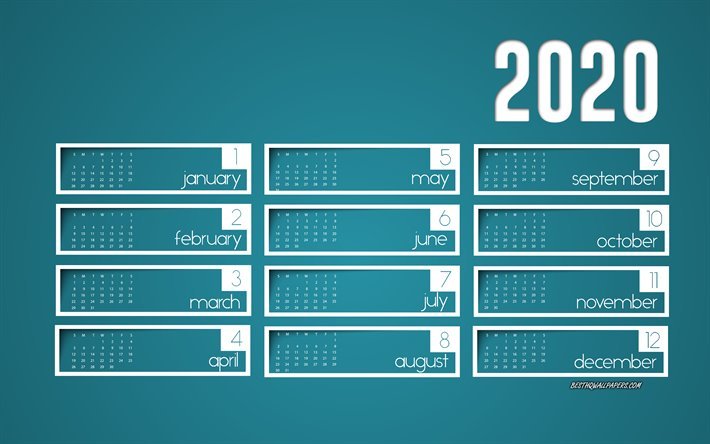 2020 Sininen Kalenteri, sininen tausta, 2020 kaikki kuukauden kalenteri, 2020 Kalenteri, valkoinen paperi elementtej&#228;, 2020 k&#228;sitteit&#228;, Vuonna 2020 Kalenteri