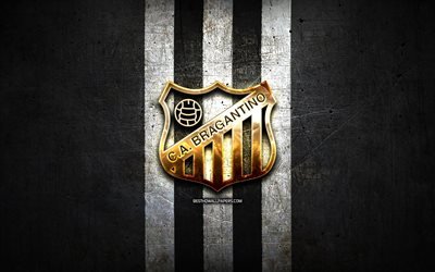 Bragantino FC, golden logo, Serie B, black metal background, football, CA Bragantino, brazilian football club, Bragantino logo, soccer, Brazil