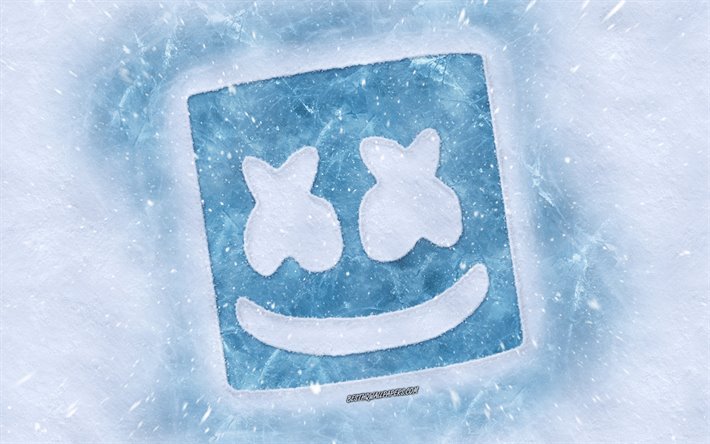 Marshmello, american dj, Christopher Comstock, Marshmello logo, winter concepts, snow texture, Marshmello ice emblem, winter art