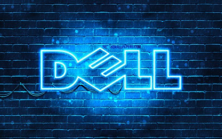 Dell blue logo, 4k, blue brickwall, Dell logo, brands, Dell neon logo, Dell