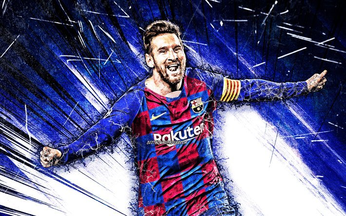 Lionel Messi, grunge art, Barcelona FC, argentinian footballers, FCB, football stars, blue abstract rays, La Liga, Messi, Leo Messi, LaLiga, Spain, Barca, soccer