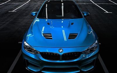 BMW M4, supercars, azul m4, F82, aparcamiento, BMW