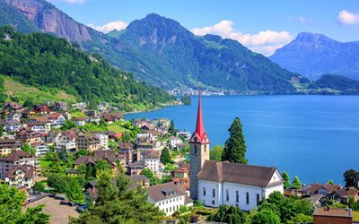 Switzerland, lake, church, mountains, summer