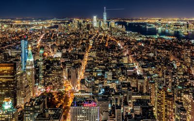New York, panorama, America, buildings, night, skyline, NYC, USA