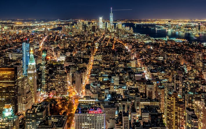 New York, panorama, Amerika, binalar, gece, ufuk &#231;izgisi, ABD