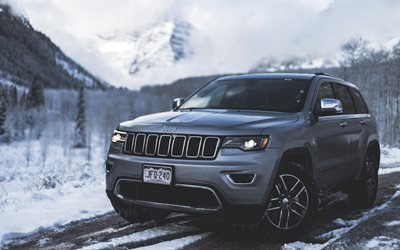 4k, Jeep Grand Cherokee, el invierno de 2018 autos, SUVs, gris Grand Cherokee, Jeep