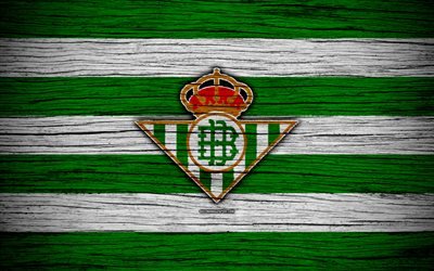 FC Real Betis, 4k, Spain, LaLiga, wooden texture, soccer, Real Betis, football club, La Liga, Real Betis FC