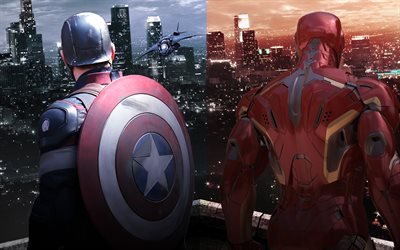 الرجل الحديدي, كابتن أمريكا, 4k, الأبطال الخارقين, الفن