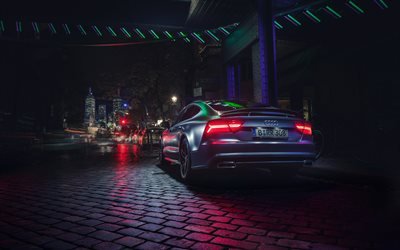 4k, Audi A7 Sportback, la afinaci&#243;n, la noche, la calle, atentos A7, los coches alemanes, el Audi