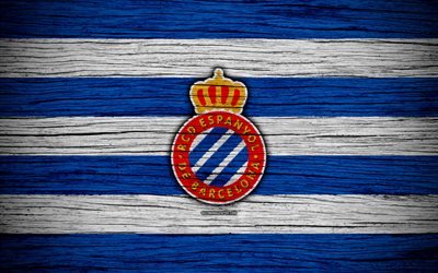 FC Espanyol, 4k, Spain, LaLiga, wooden texture, soccer, Espanyol, football club, La Liga, Espanyol FC