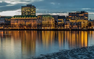 Hamburg, 4k, evening city, river, Germany, Europe