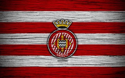 FC Girona, 4k, Spagna, LaLiga, di legno, texture, calcio, Girona, squadra di calcio, La Liga, Girona FC